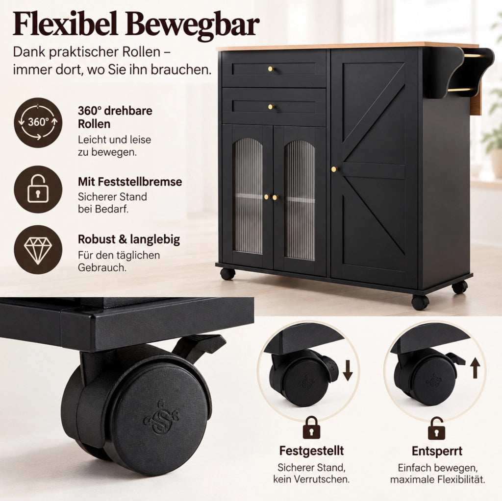 Isola da cucina mobile 110 cm con piano ribaltabile; 2 cassetti e ruote; nera
