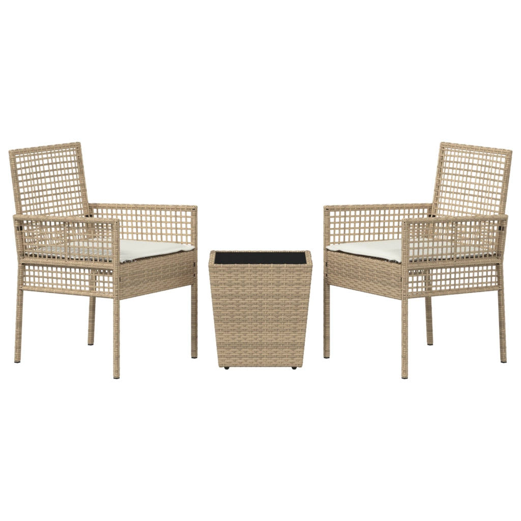 Set da Giardino 3 Pezzi  con Cuscini Beige in Polyrattan