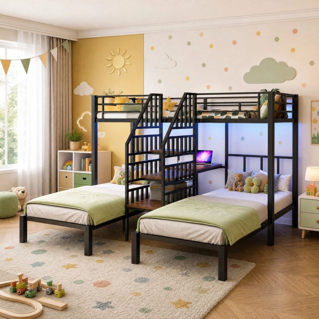 DESMIU Letto a castello 90 × 200 cm 3 posti con LED, scrivania, mensola e 2 porte USB e presa, senza materasso, nero
