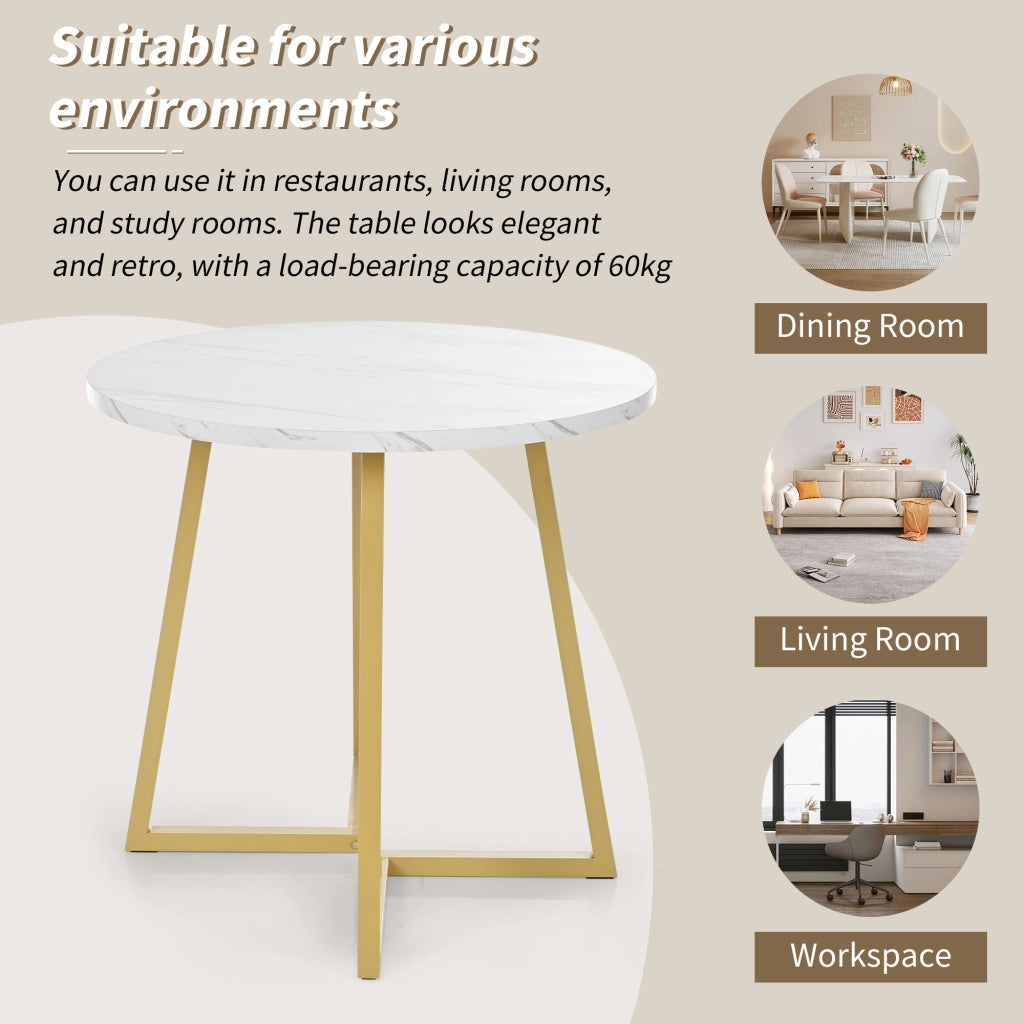 Tavolo da pranzo rotondo in MDF con effetto marmo, base in metallo, per cucina e soggiorno, bianco, 80 × 75 cm