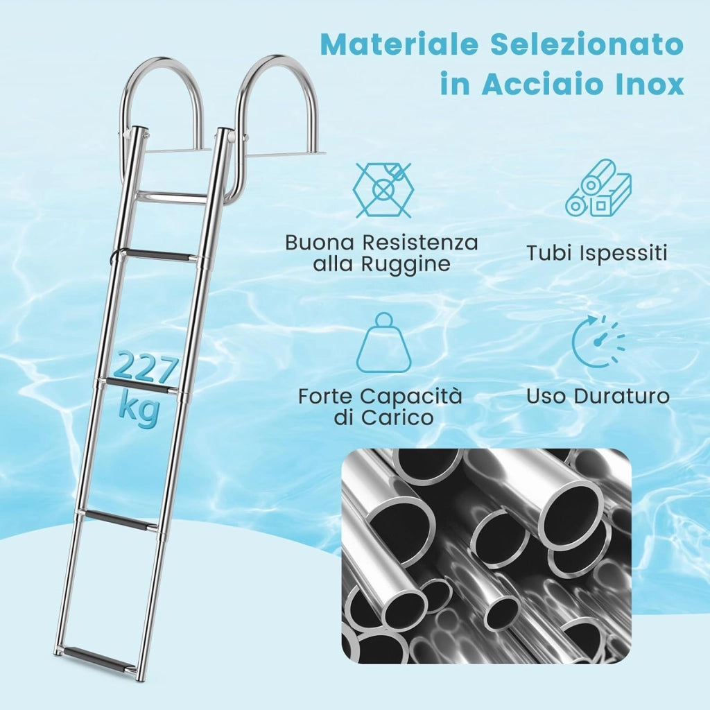 Scaletta per Piscina con 4 Gradini, Scala per Barca Pieghevole con Corrimano e Gradini Antiscivolo, Multisuo, in Acciaio Inox, Carico 227 kg
