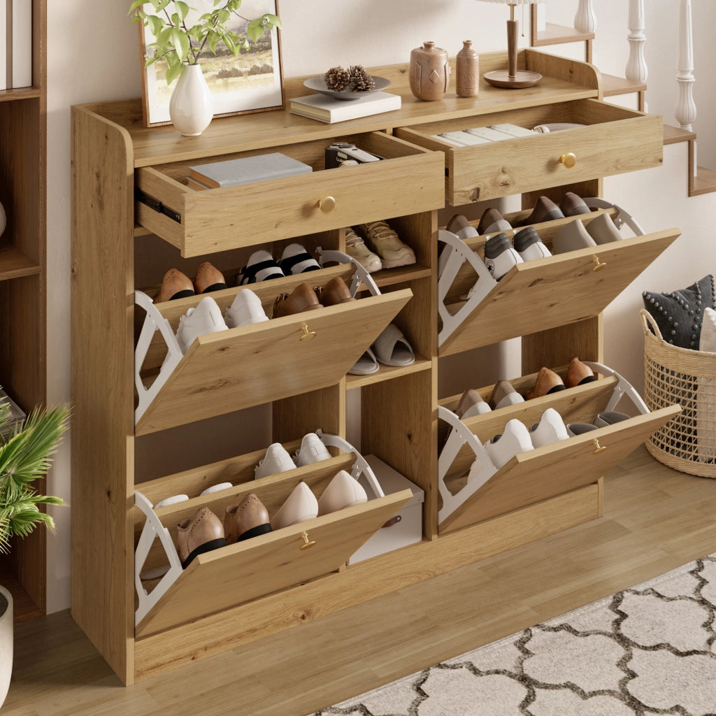 Mobile Scarpiera con 4 Ante a Ribalta; 2 Cassetti e 3 Vani Aperti; Stile Minimalista; in Pannello Truciolare; 110×26×100 cm; Naturale