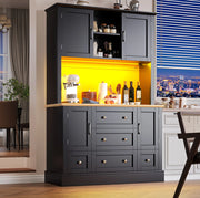 Credenza alta 115x40x180 cm con LED controllato da app; 3 cassetti; MDF; nero e naturale