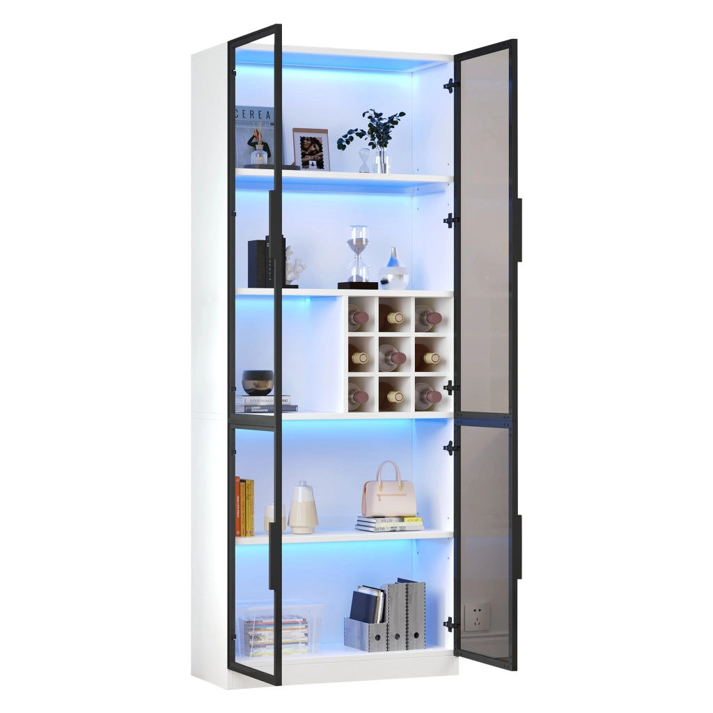 Vetrina con LED e portabottiglie con 2 ante in vetro per soggiorno o cucina in truciolare bianco 80 × 35 × 200 cm
