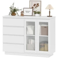 Credenza Buffet in Legno con 4 Cassetti e Armadietto con Ante in Vetro e Ripiani Regolabili, 120x40x91 cm, Bianco