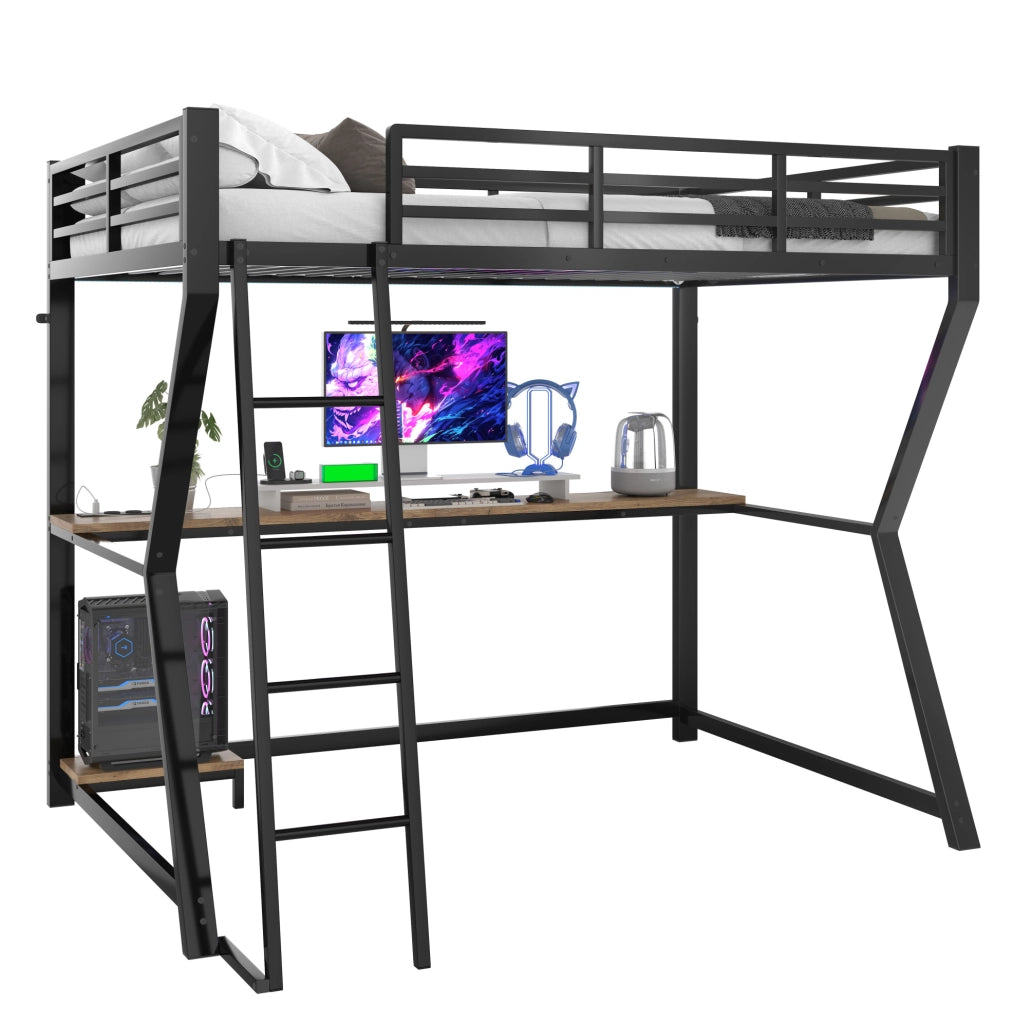 Letto a soppalco 90x200 cm con scrivania, luce telecomandata e USB nero