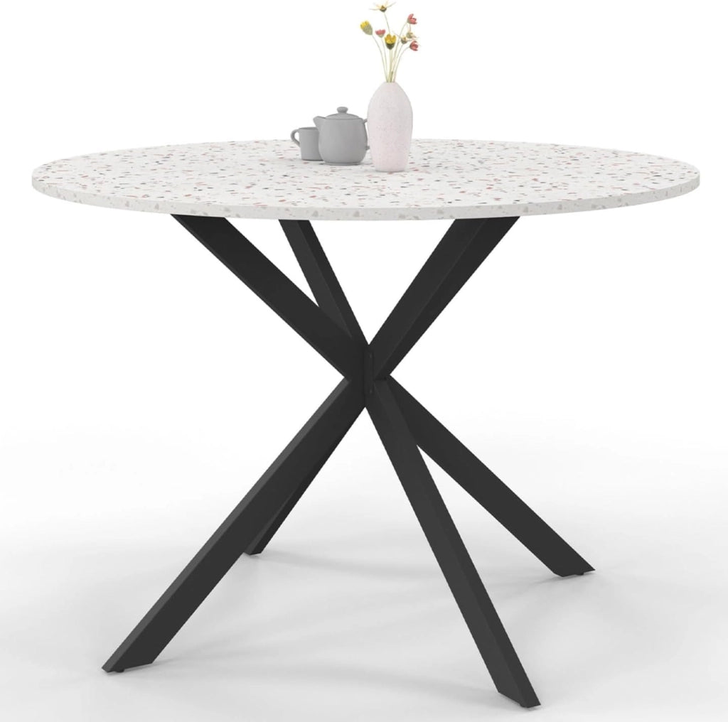 ALIX Tavolo da pranzo rotondo per 6 persone con gamba a ragno nera e piano effetto terrazzo SIMONE 110 cm