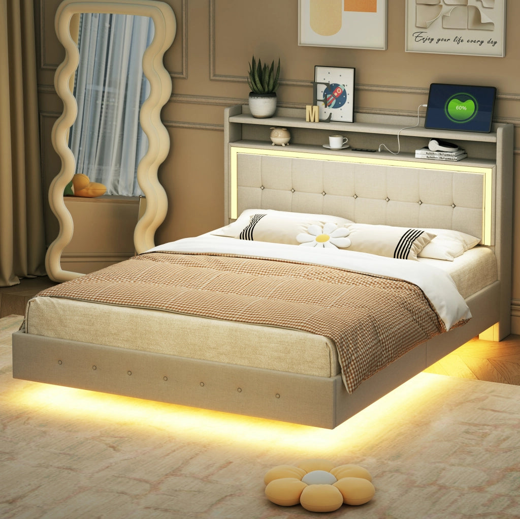 Letto imbottito 140x200 con USB e luci LED, beige