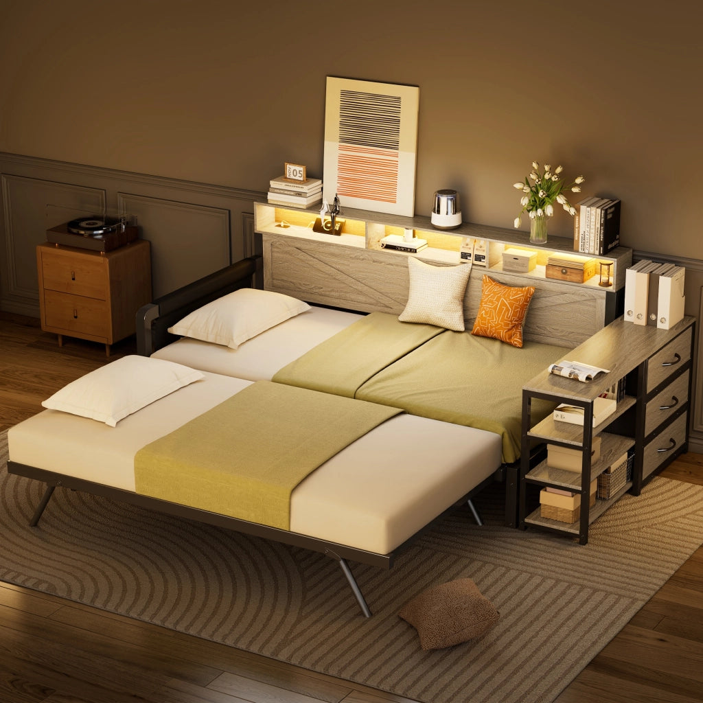 Divano letto in metallo 90x200 nero, letto estraibile regolabile, letto con 3 cassetti, LED e USB