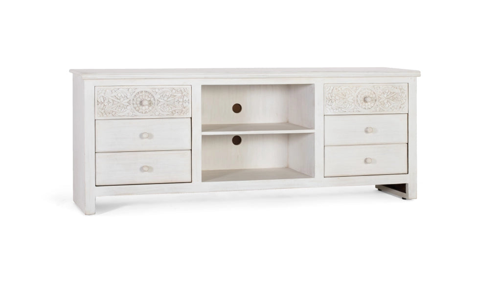 Mobile TV con 6 cassetti e 2 vani realizzato in legno naturale