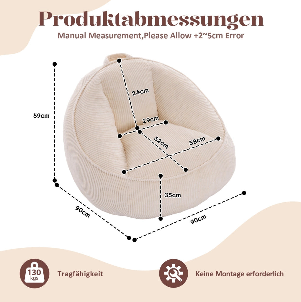 Sedia a sacco ergonomica con schienale; rivestimento in corduroy beige