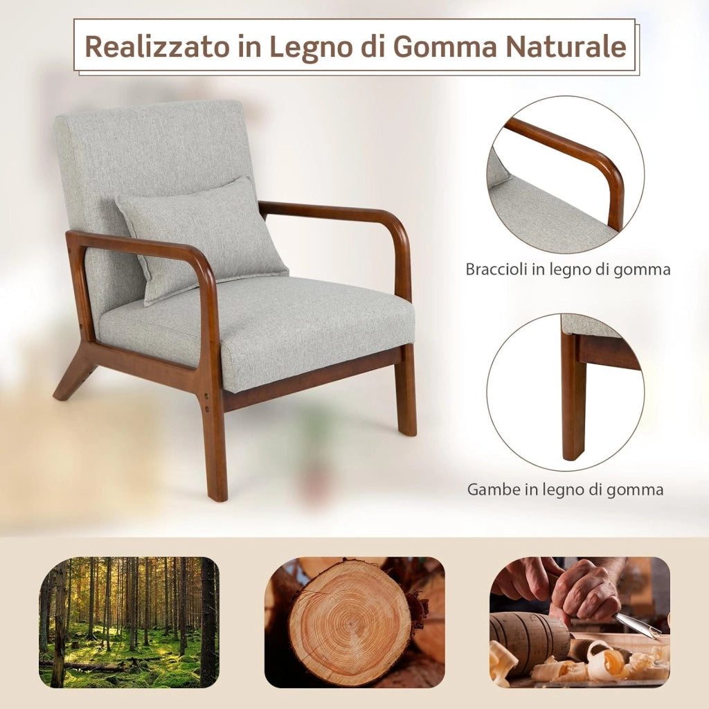 Poltrona da Salotto, Sedia da Soggiorno con Cuscino Lombare, Poltrona Moderna Imbottita, Telaio in Legno di Gomma, per Soggiorno, Camera da Letto, Portata 150 kg (Grigio)