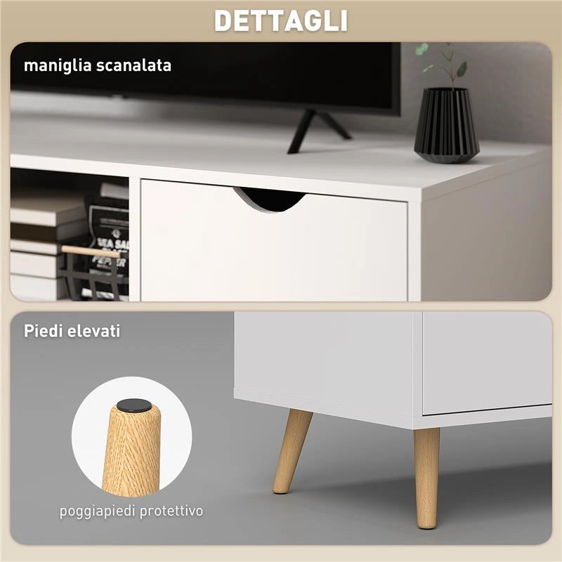 MOBILE PORTA TV MAX 50" CON CASSETTO, RIPIANO APERTO E ARMADIETTI, 110X40X50 CM, BIANCO E LEGNO