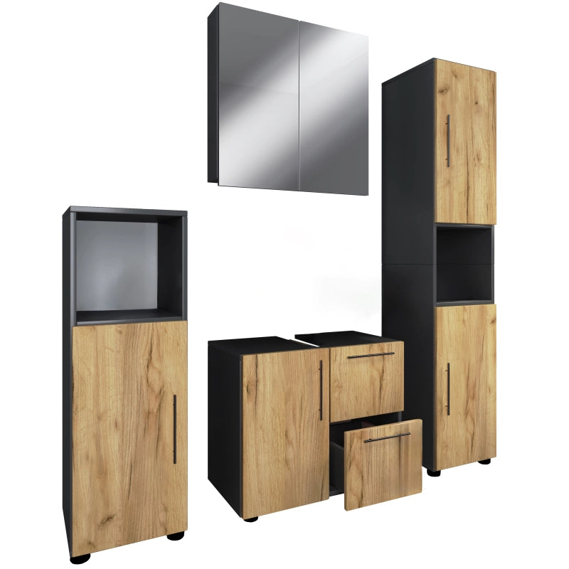 Armonia di Ezooza  Set Bagno Completo 4 Pezzi Mobile Lavabo + Colonna + Pensile e armadietto a specchio, Antracite/Rovere ,