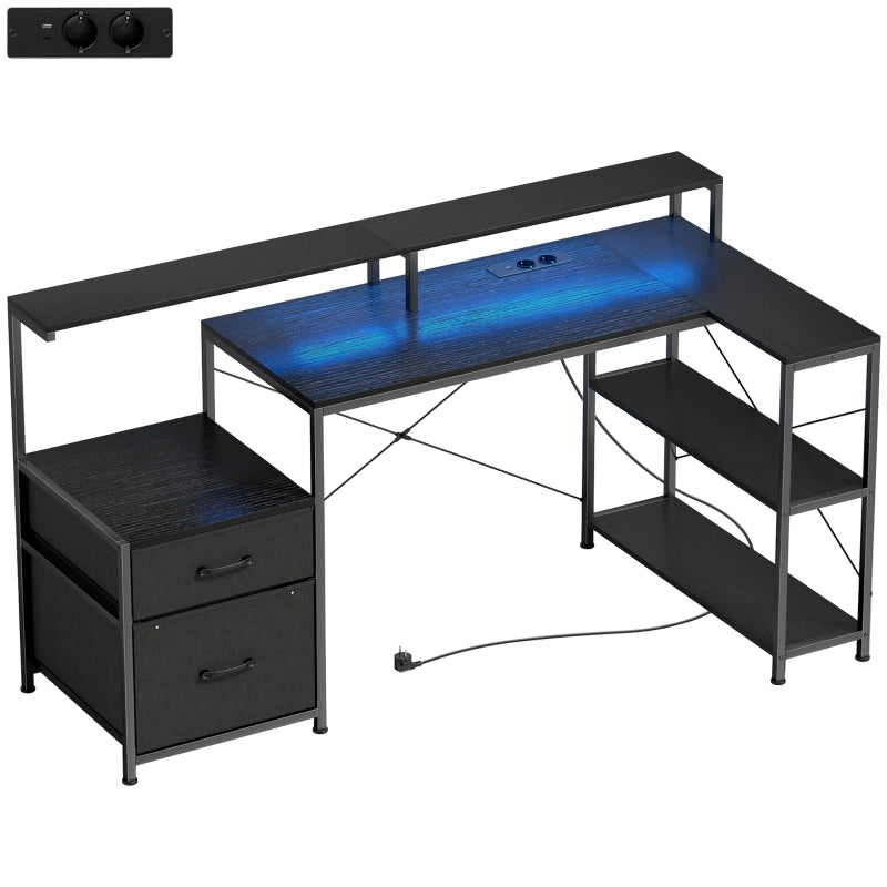 SCRIVANIA angolare gaming 165x80x91,5 cm effetto legno nero con LED e prese
