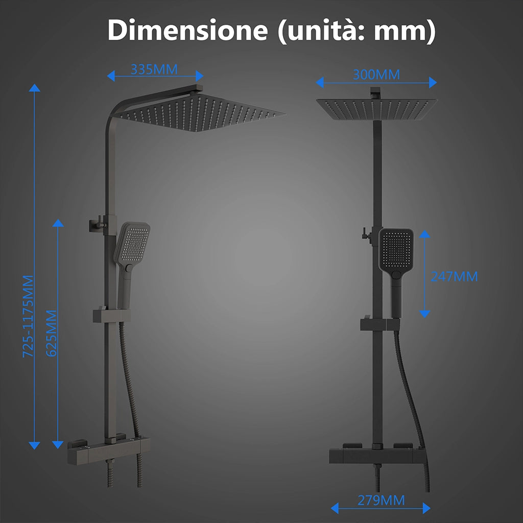 Miscelatore termostatico doccia con soffione 30x30cm e doccetta 25x10cm, colonna doccia rettangolare nero