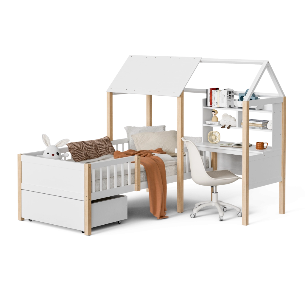 Letto per bambini 90x200 con scrivania, libreria e cassetti per ottimizzare al meglio lo spazio