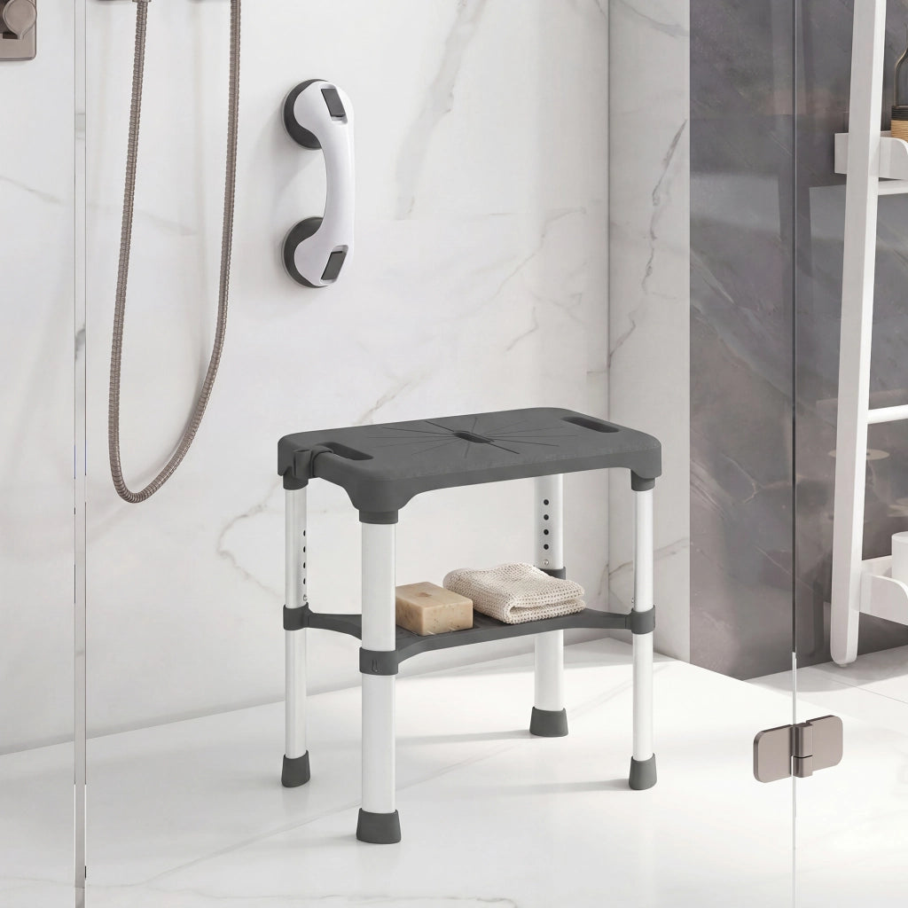 Sgabello da Doccia Regolabile con Ripiano Integrato e Barra di Supporto ¨C Xylo ¨C Grigio