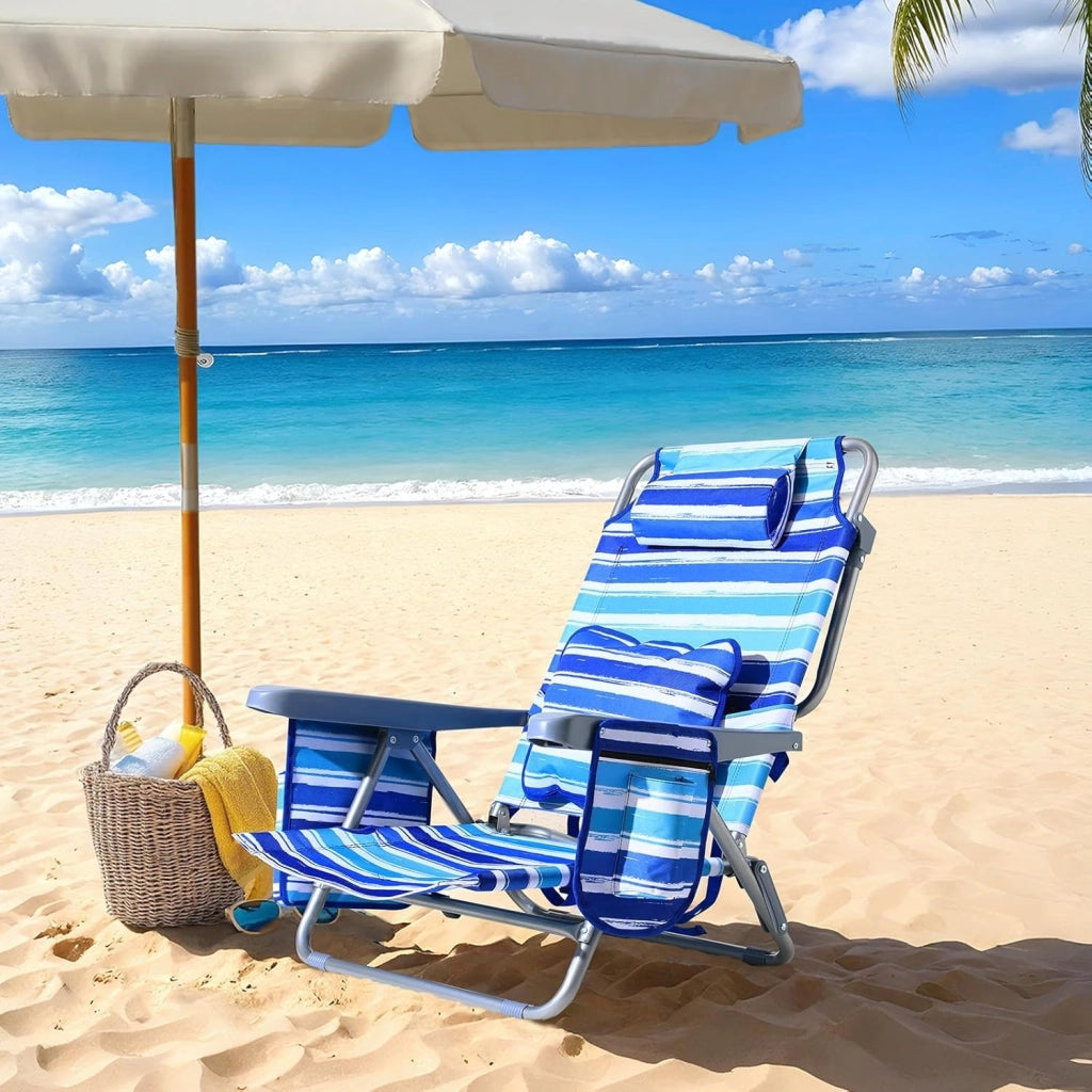 Sedia da spiaggia con funzione zaino, pieghevole con funzione di sdraio, per sabbia, schienale alto, regolabile, con bracciolo, cuscino lombare, poggiatesta tasche laterali, sedia da campeggio