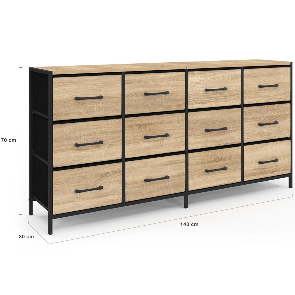 IDMarket - Cassettiera in tessuto a 12 cassetti UTAH 140 cm mobile contenitore di design industriale
