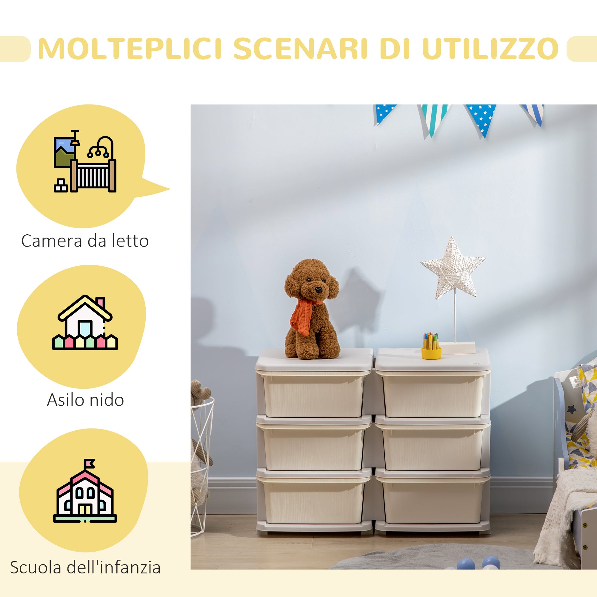 Cassettiera Portagiochi per Bambini 3-6 Anni 75x37x56.5 cm 6 Cassetti con Bordi Arrotondati in PP Bianco Crema