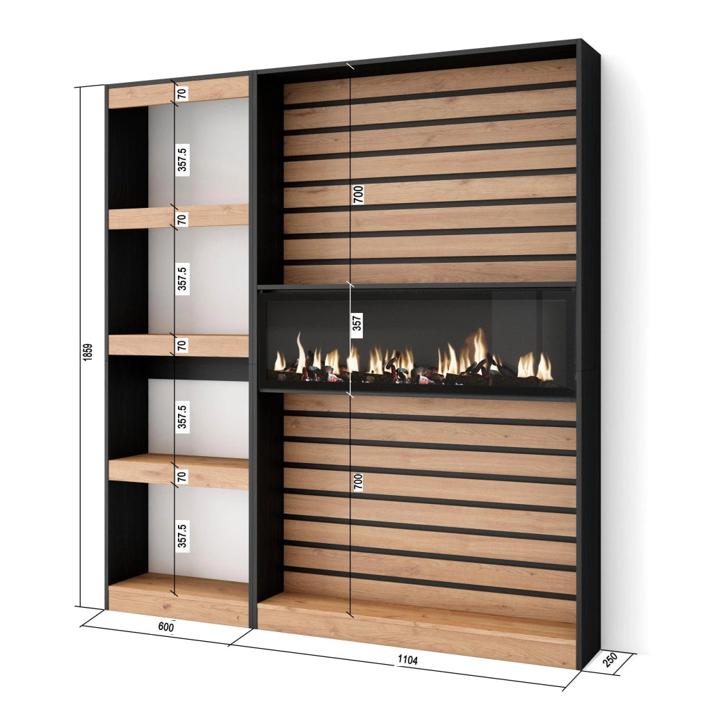 Libreria scaffale, 170x25x186cm, Soggiorno - Ufficio, Camino elettrico, colore Rovere e nero RF2341