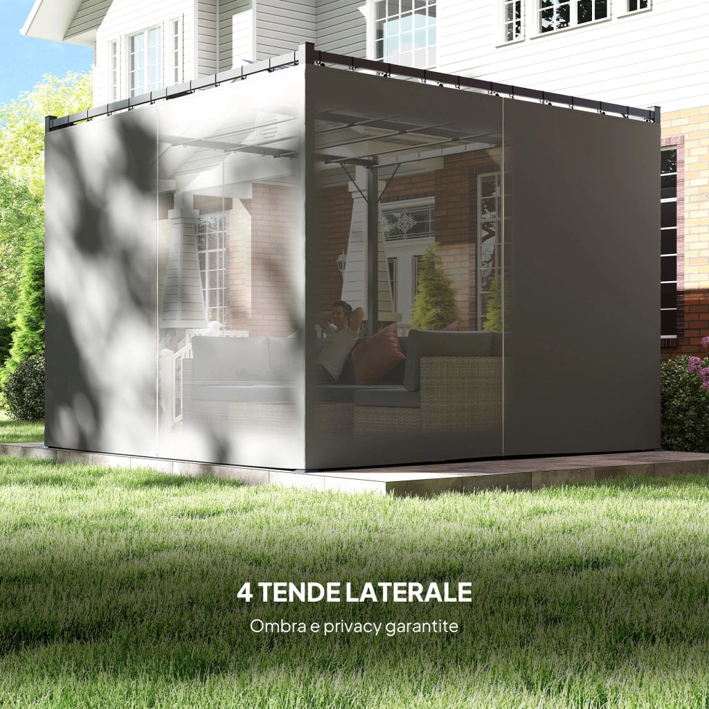 Pergola da Giardino 300x300x227 cm con Tetto Retrattile e Tende in Metallo e Poliestere Grigio Chiaro