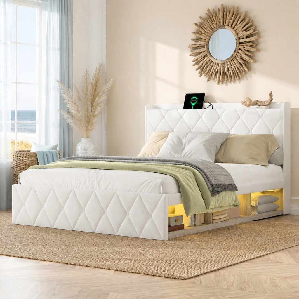 Letto matrimoniale 140x200 cm Teddy bianco con LED e USB
