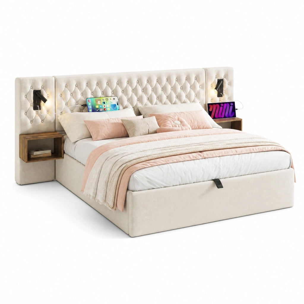 Letto matrimoniale 180x200 cm in velluto beige con contenitore idraulico; 2 comodini e luci lettura