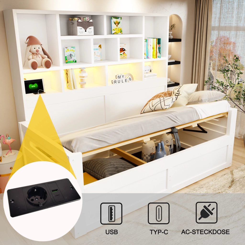 Letto contenitore 90x200 cm con sollevamento idraulico; LED; USB e ripiani portaoggetti; MDF bianco