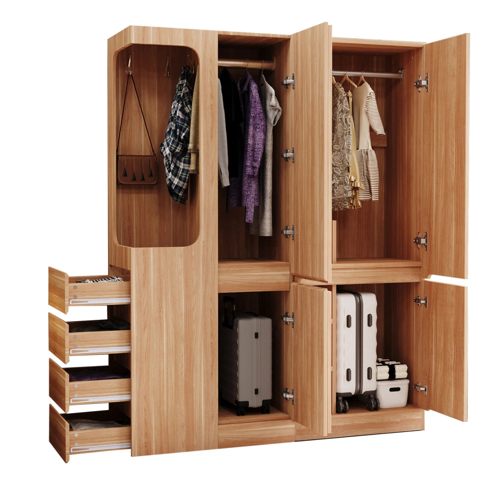 Armadio guardaroba 140 x 40 x 170 cm in legno naturale; con cassetti e scomparti