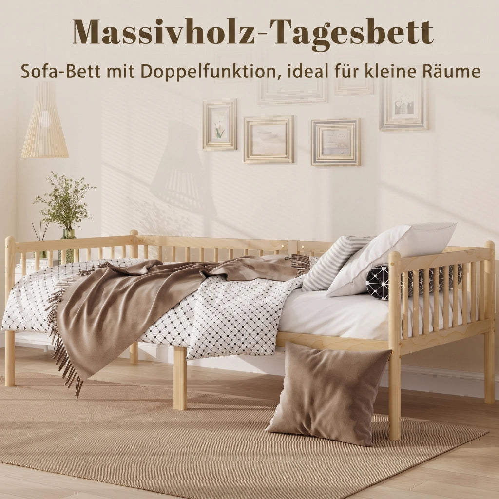 Letto basso 90 × 200 cm con sponde su 3 lati, spazio sotto il letto, senza materasso, in pino naturale