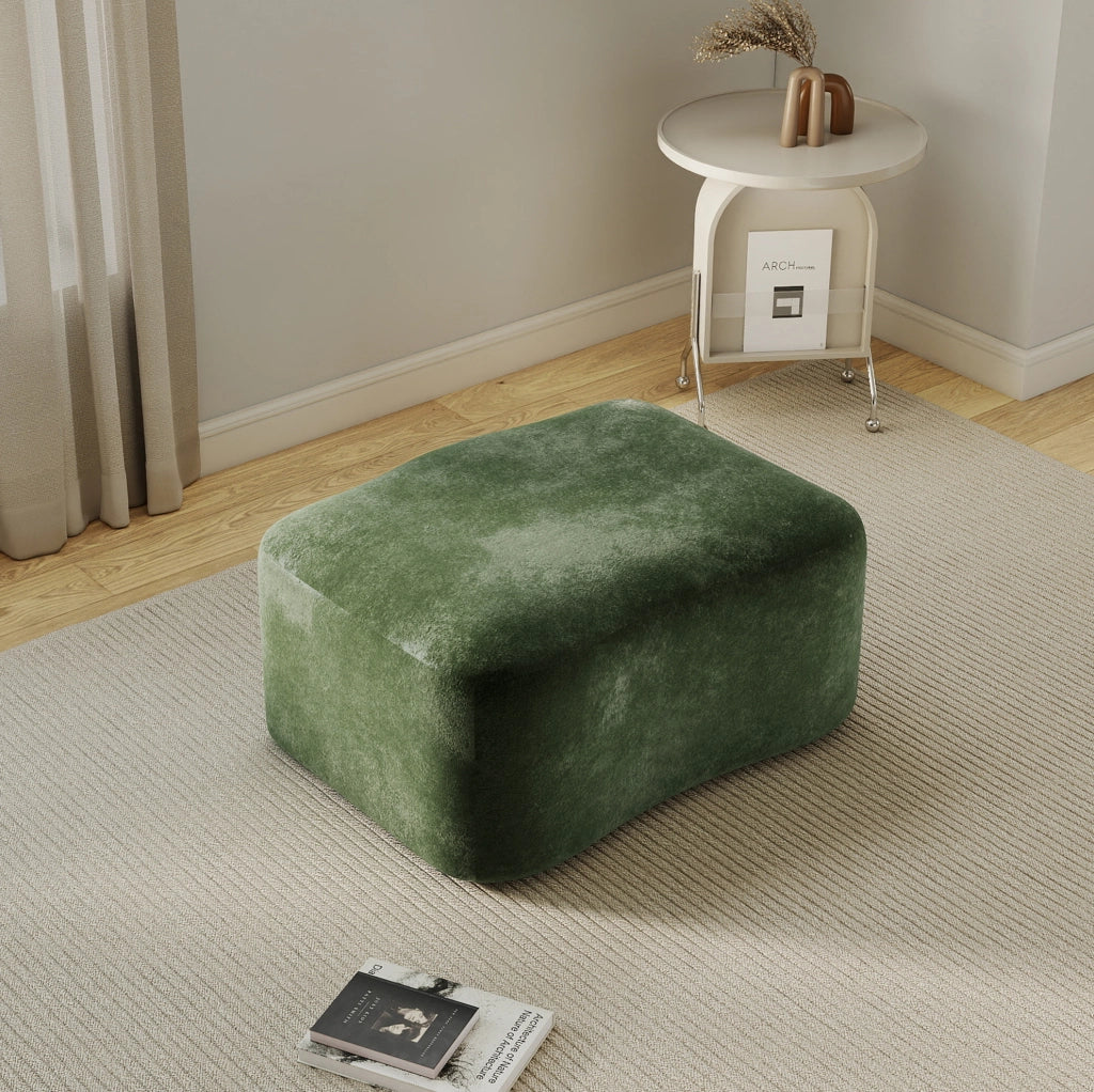 Divano modulare in velluto verde con pouf collegabile, design ondulato senza telaio