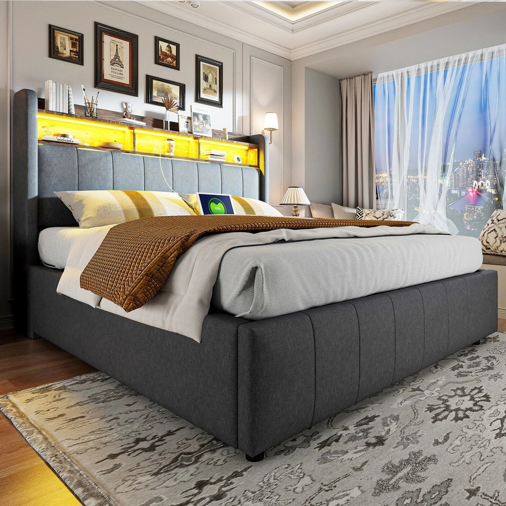 Letto Imbottito Contenitore Matrimoniale con LED ¨C Xylo ¨C Tessuto Grigio, Idraulico, 160x200
