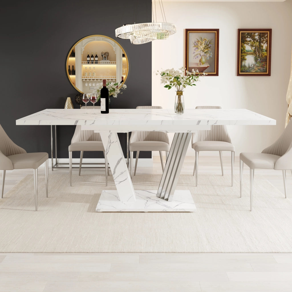 Tavolo allungabile con piano in mdf marmorizzato base a ali e piedi regolabili per cucina e soggiorno 120-160 × 80 × 76 cm