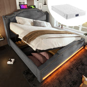 Letto Imbottito Contenitore Matrimoniale ¨C MINIMAL ¨C Velluto Grigio, LED, USB, Idraulico, Rete a Doghe, 140x200, con Materasso