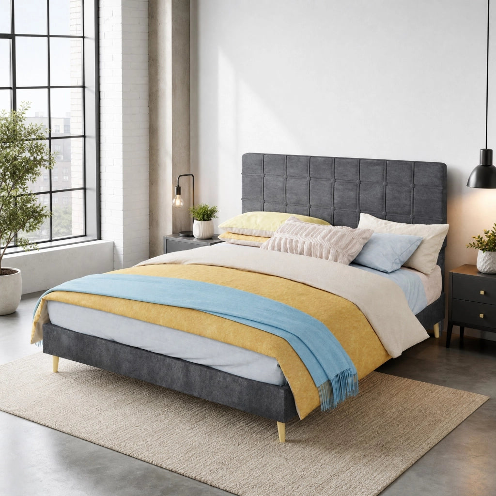 DESMIU Lit double 160 × 200 cm con testiera imbottita, senza materasso, in velluto grigio