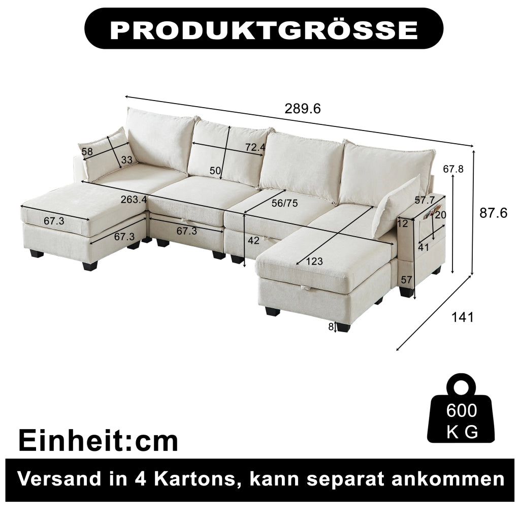 Divano modulare trasformabile in letto con contenitori; 6 moduli in ciniglia beige