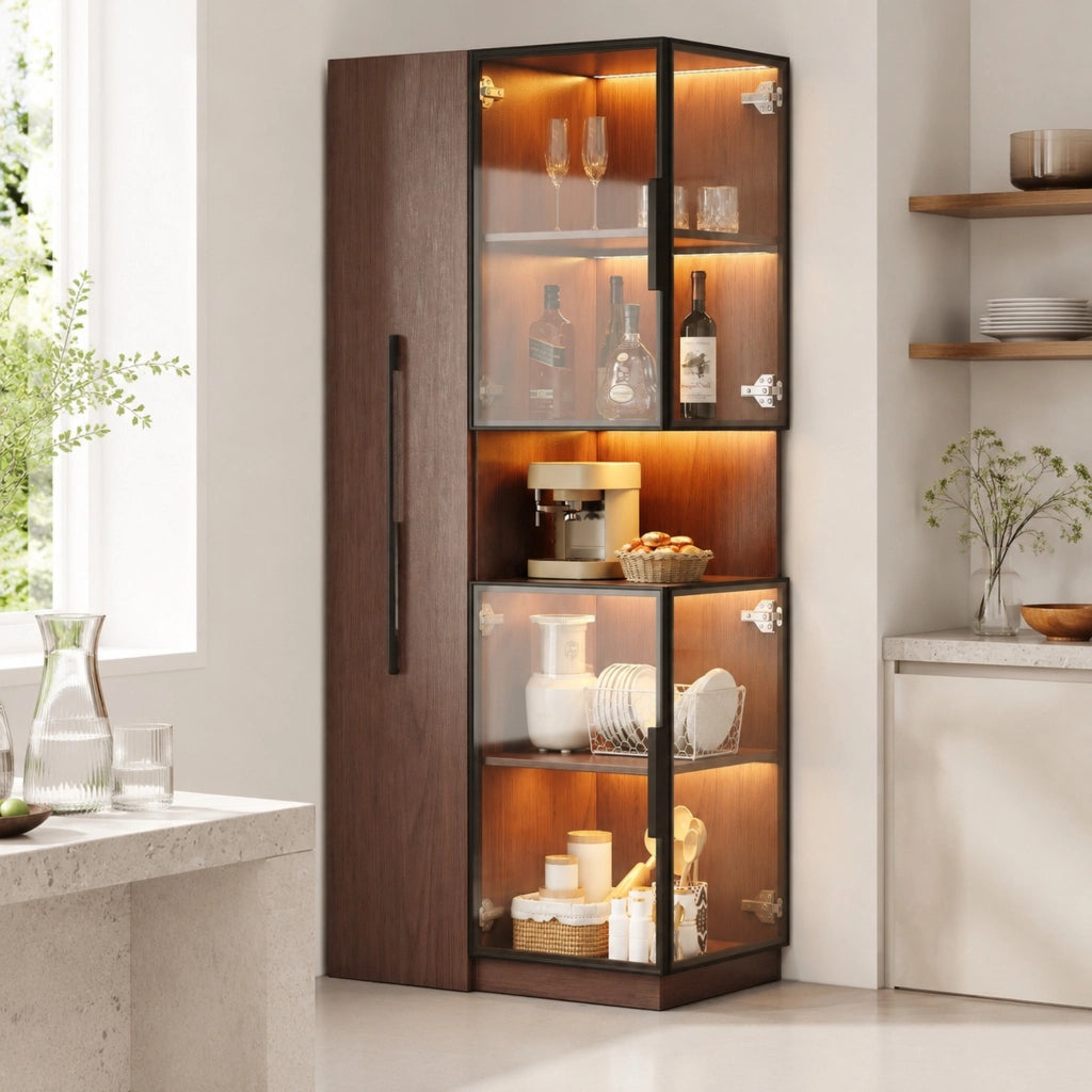 Vetrina ULEVR 70x38x160 cm con vetro temperato frontale e laterale, ripiani estraibili e LED multicolore, noce