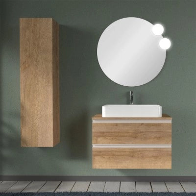Mobile bagno sospeso 80 cm rovere miele con top e specchio tondo Master