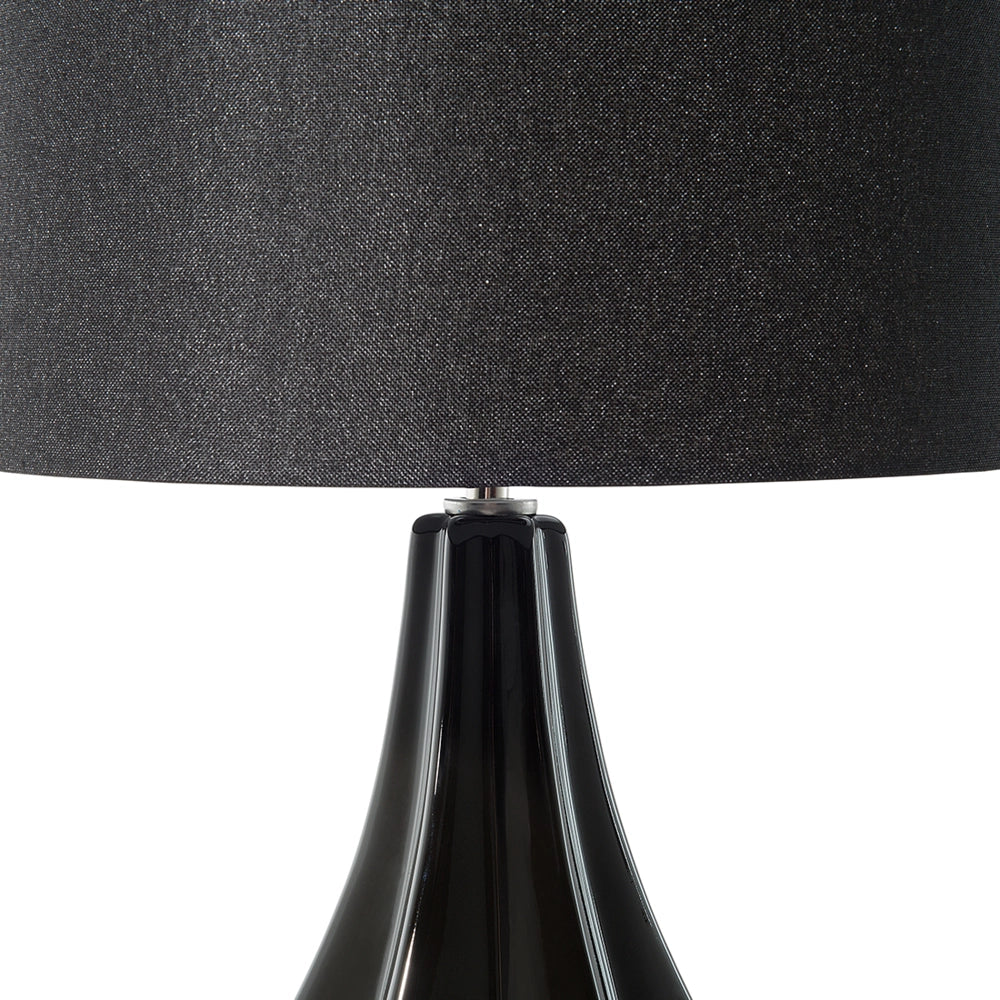 Lampada da Tavolo in Porcellana Nera Finta Seta Paralume Tamburo 60H cm Glamour Soggiorno