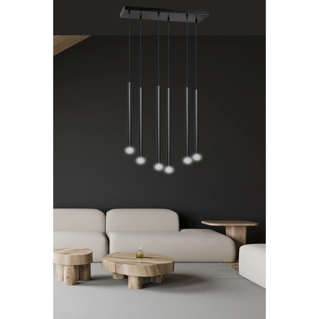 Lampadario 6 Luci Moderno Shu Acciaio Nero E Paralumi A Cilindri Sottili