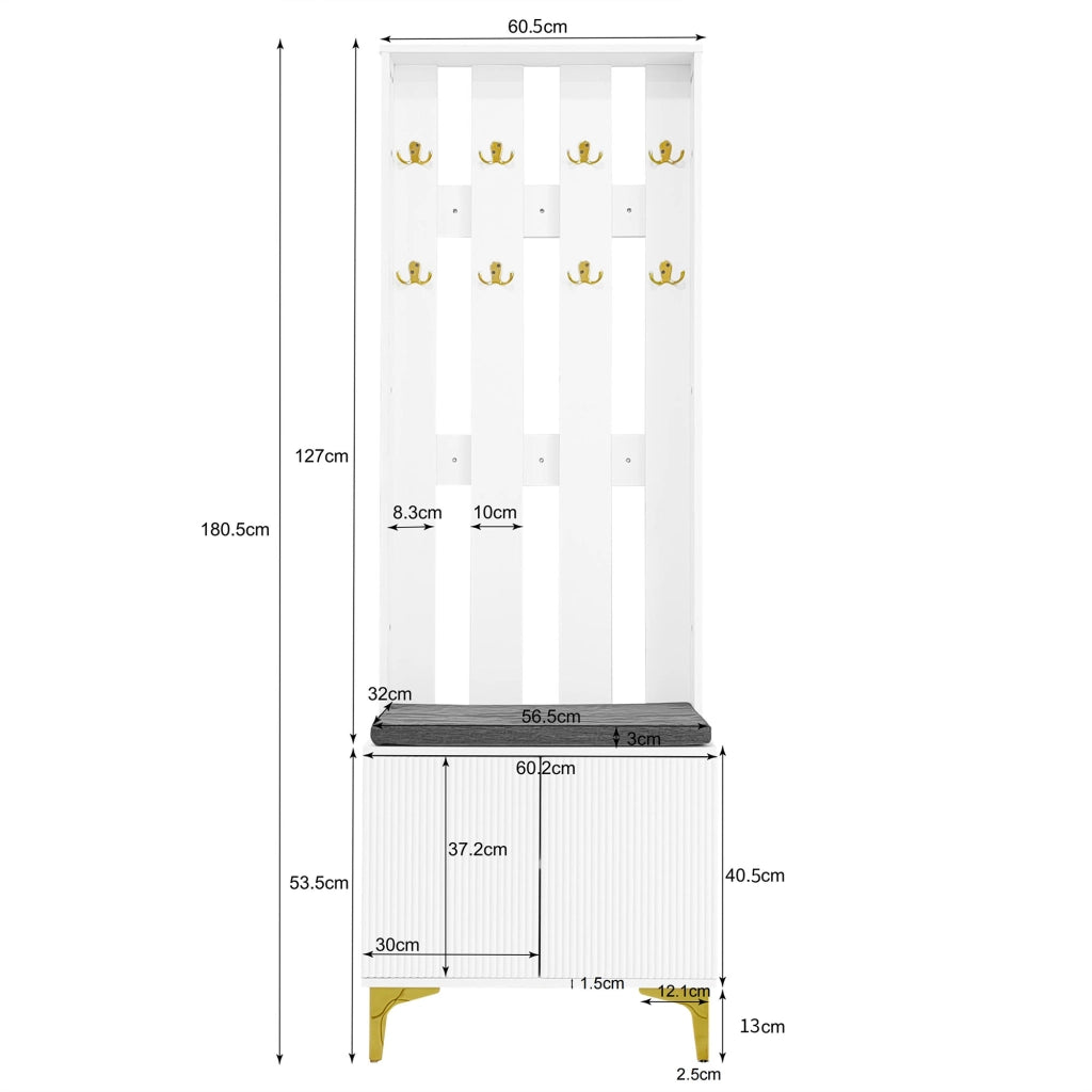 Mobile Ingresso con Panca Scarpiera 2 Ante; Push-to-Open; Ripiani Regolabili; Bianco; in Pannello truciolare; 60;5×35;2×180;5 cm
