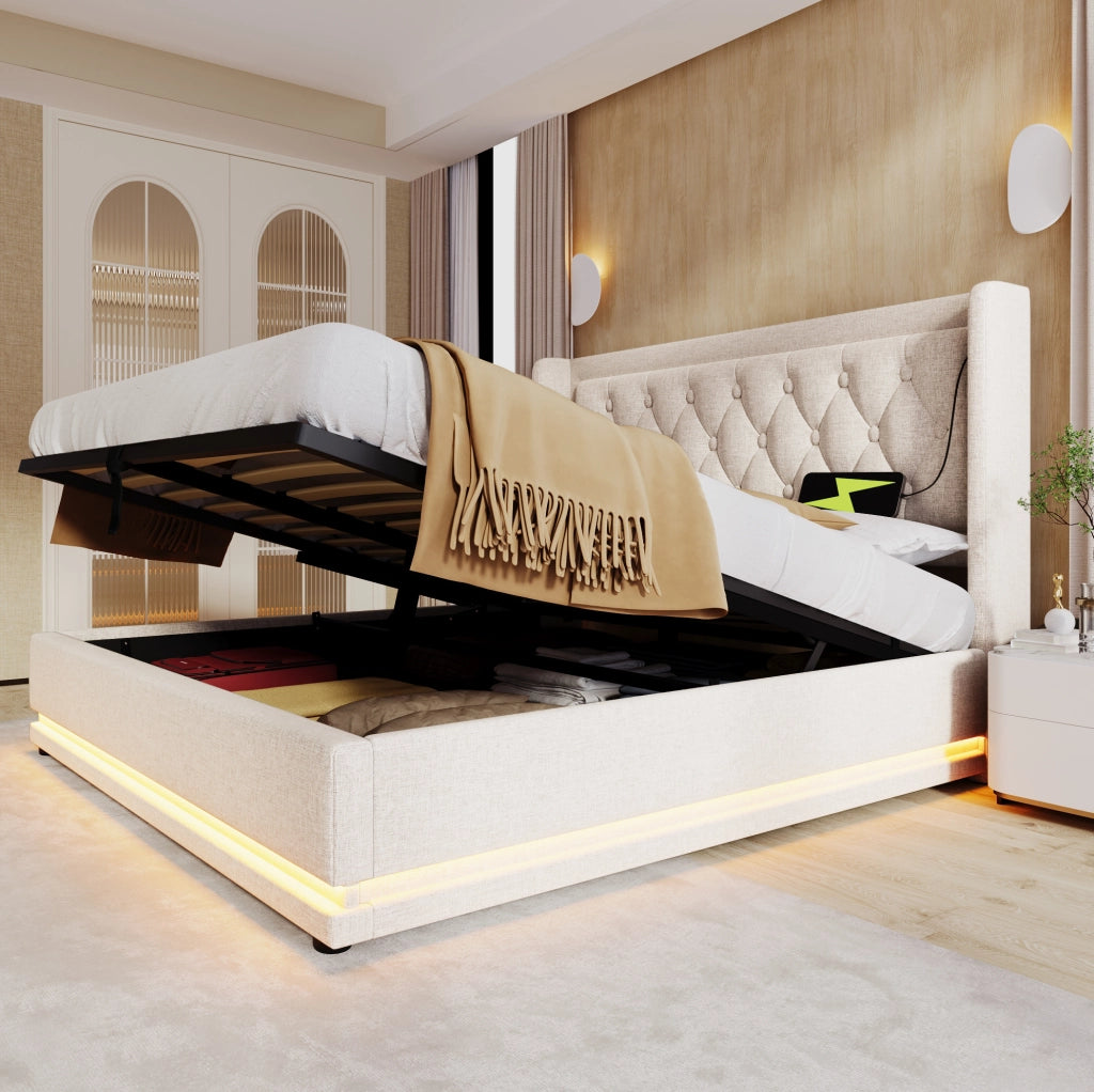 Letto imbottito con contenitore, testiera con ricarica USB e illuminazione LED