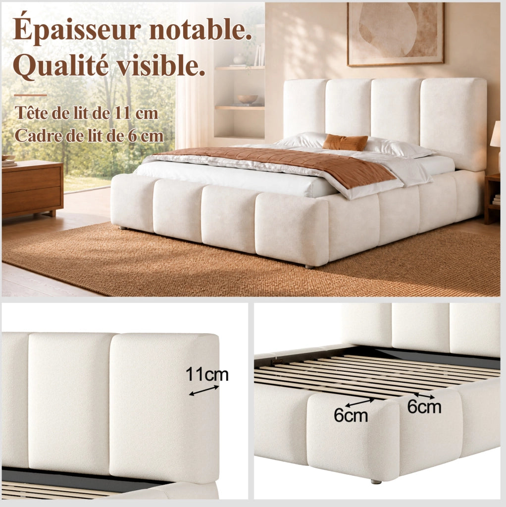 Letto matrimoniale 180x200 cm con contenitore idraulico e rete a doghe; bouclé bianco