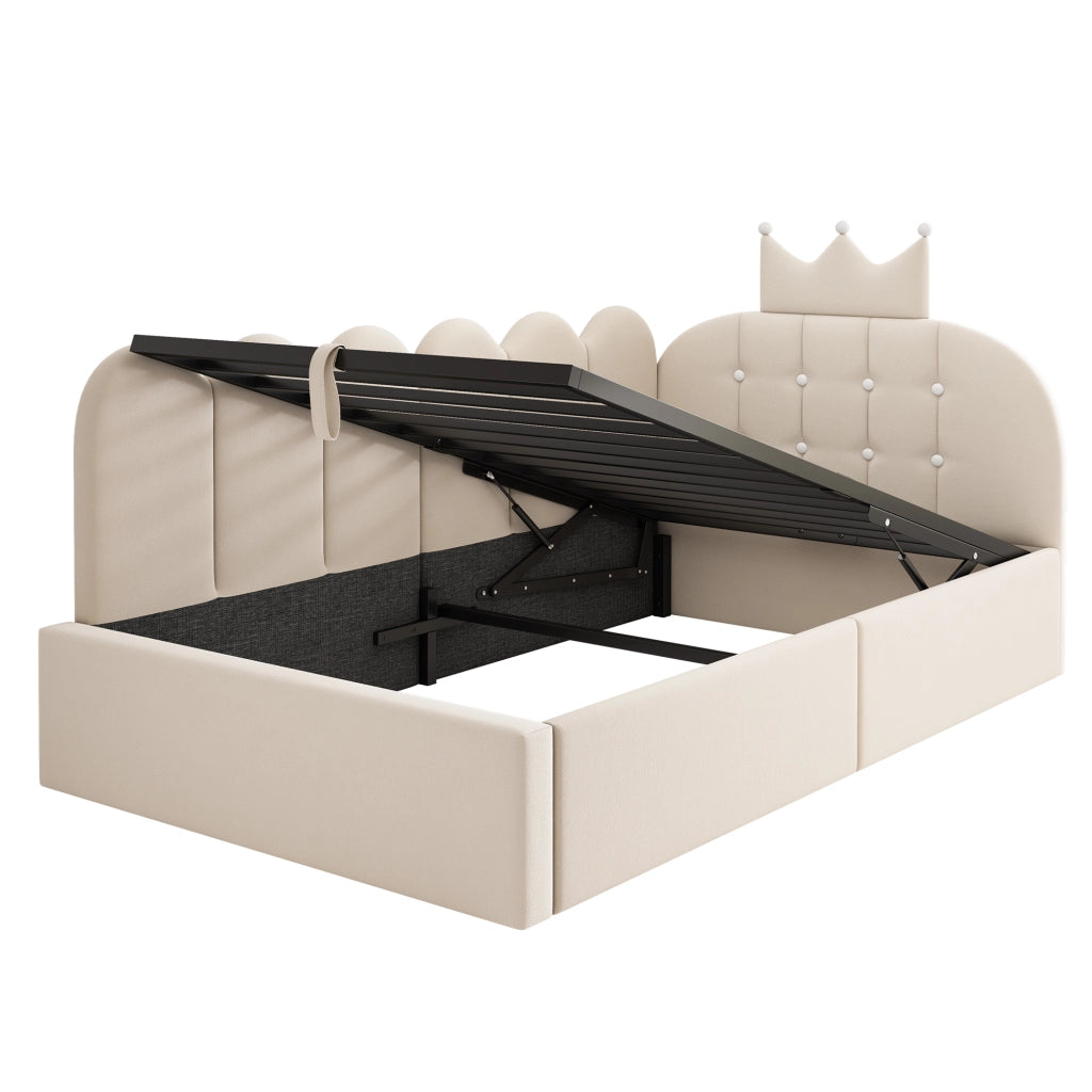 Letto per bambini 90x200 cm, divano letto, contenitore idraulico, testiera a corona, rivestimento in velluto, beige