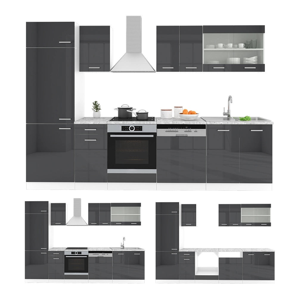 Cucina componibile R-Line Antracite lucido/Bianco 300 cm senza piano di lavoro Vicco
