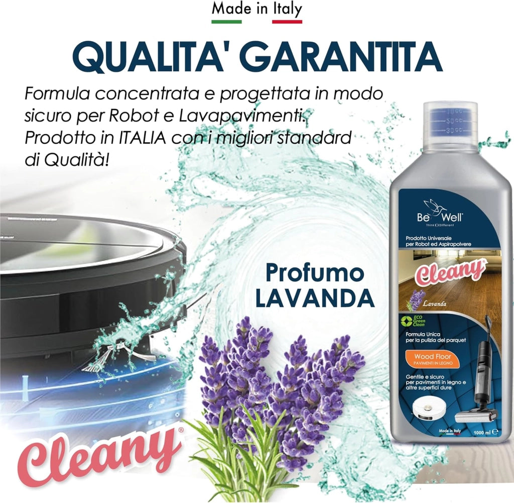 CLEANY Detergente Concentrato per Robot Lavapavimenti e Aspirazione con Igienizzante Multisurface 1000ml pulizia senza aloni e sostenibile Adatto a tutti i Robot (LAVANDA)