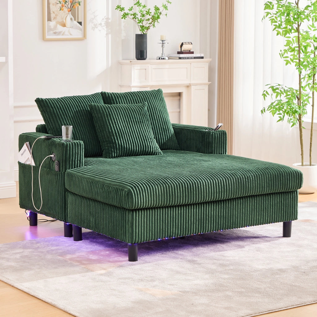 Poltrona relax con USB, Portabicchiere e LED, Schienale imbottito, in velluto a coste, Verde smeraldo