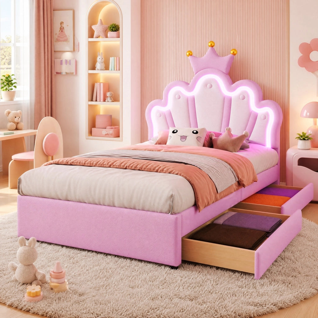 Letto per bambini 90x200 cm rosa con LED e 2 cassetti